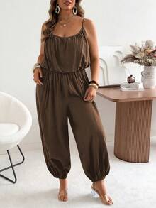 Ceyna Plus Size Solid Color Elegant Casual Pleated Wide Leg Jumpsuit - Brown - View 7