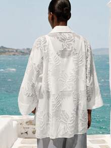 Aveloria Modichic White Sheer Shirt Summer Elegant Sexy Holiday Vacation 3D Embroidery Floral Jacquard Silk-Like Lightweight Fabric Retro 3/4 Wide Sleeve Loose Lapel - Multicolor - View 2