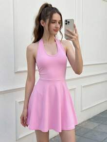 SHEIN Girlism 少女粉色针织修身蝴蝶结装饰休闲优雅连衣裙 - 粉色 - 查看 3