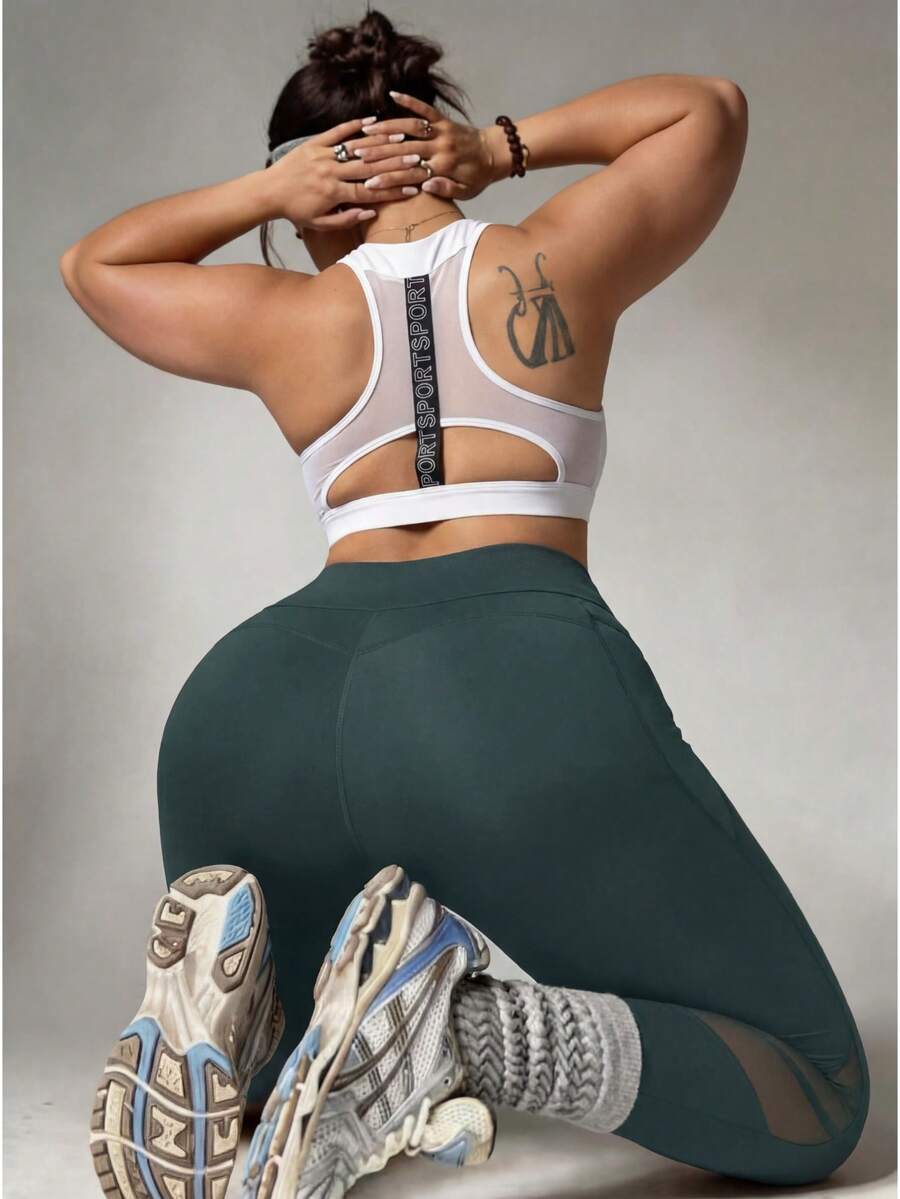 SHEIN Sports Plus Size High Waist Tummy Control Shaping Workout Leggings With Mesh Pockets Yoga Women Pants - Green - View 1