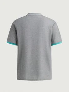 Men Office Color Block Patch Detail Collar Polo Shirt, Knit Fabric Short Sleeve Gray, With Contrast Trim & Pocket & Button - Grey - View 4