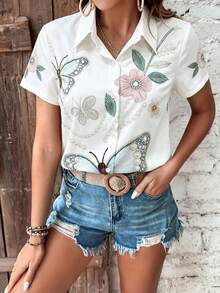 Breezaya Camisa casual de vacaciones con estampado floral y de mariposas - Multicolor - Ver 5