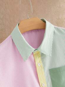 Mainfolk Men's Casual Colorblock Striped Short Sleeve Shirt,Pastel Pink Green Yellow Patchwork Cuban Camp Collar Button Down,Retro Summer Beach Vacation Top - Multicolor - View 6