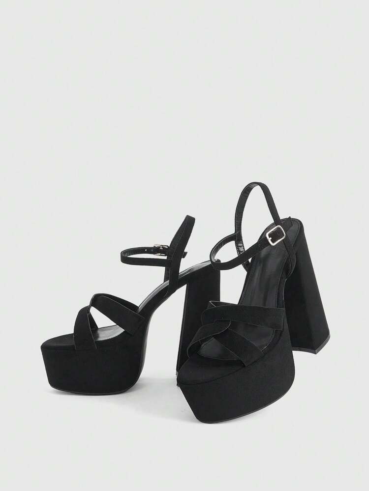 CUCCOO LuxiPop Women's Black Velvet Round Toe Cross Strap Open Back Hollow Out Platform Heel Sandals, Sexy Club Party Street Style