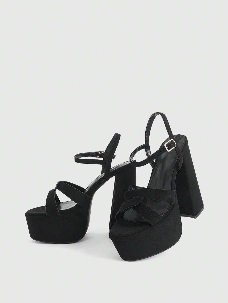 CUCCOO LuxiPop Women's Black Velvet Round Toe Cross Strap Open Back Hollow Out Platform Heel Sandals, Sexy Club Party Street Style Summer Shoes