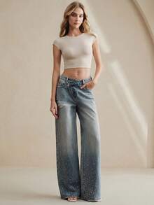 Anewsta Women's Fashion Rhinestone Embellished Straight Leg Pants - Blue - View 5