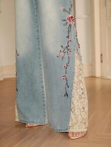 Quần jeans ống loe nữ sang trọng, thêu ren tương phản, phong cách nghỉ dưỡng. - Màu xanh lam - Xem 8