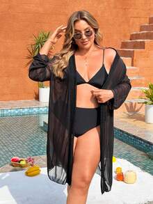 Swim Lushoire Kimono dáng rộng bằng chiffon dành cho nữ cỡ lớn, thích hợp đi biển hoặc nghỉ dưỡng. - màu đen - Xem 3