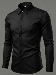 Manfinity Bizformal Men's Solid Color Business Casual Long Sleeve Formal Shirt, Ceremony - Black - View 5