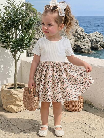 Cozy Pixies Vestido casual para bebé niña de punto de unicolor con cuello redondo, parche y dobladillo floral