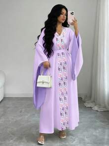 Elenzga Women's V-Neck Embroidered Waist Flared Sleeve Elegant Middle Eastern Style Dress - Mauve Purple - View 1