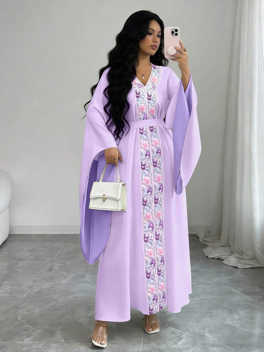 Elenzga Women's V-Neck Embroidered Waist Flared Sleeve Elegant Middle Eastern Style Dress - Mauve Purple - View 1