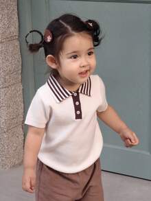 DAZY Toddler Girls' Korean Style Collared Short Sleeve Top - Beige - View 6