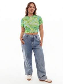 Solavibe Plus Size Women Marble Print Round Neck Short Sleeve Cropped Top - Green - View 3