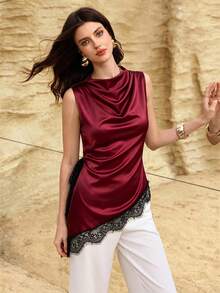 NOVVYNE Elegant Black Lace Splice Asymmetric Fitted Sleeveless Blouse For Women - Burgundy - View 3