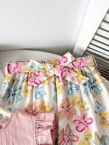 SHEIN Ensemble coordonné pour adolescentes avec chemise à manches courtes et pantalon imprimé floral rose tressé - Rose bonbon - Voir 4