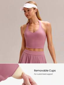 GLOWMODE FeatherFit™ Double Time Adjustable Halter Sports Bra Tank Top Light Support Low Impact Yoga Pilates Daily Spring Summer - Pink - View 2