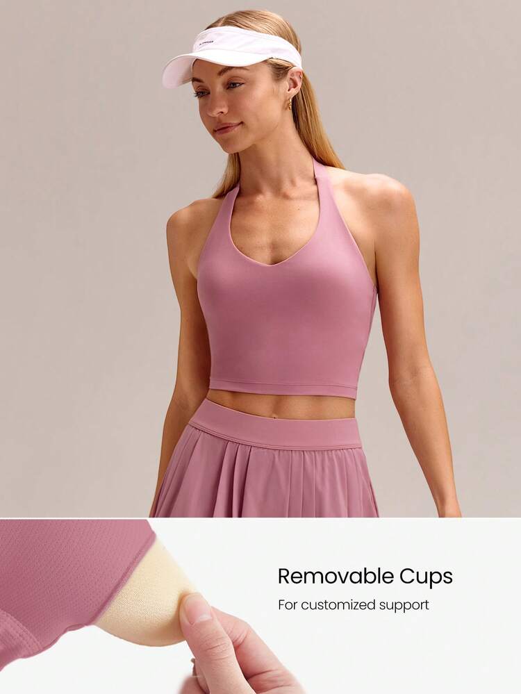 SHEIN GLOWMODE X Marika Sila FeatherFit™ Double Time Adjustable Halter Sports Bra Tank Top Light Support Low Impact Yoga Daily Fall Winter