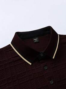 Manfinity Homme Men's Knitted Jacquard Textured Collar, Cuff, Hem Ribbed, 3-Button Closure, Faux Pearl Knit Formal Polo Shirt, Ceremony - Coffee Brown - View 5