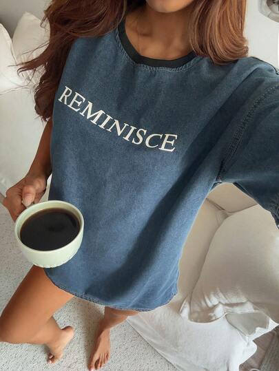 DAZY Áo denim nữ tay ngắn cổ tròn in chữ, kiểu dáng thường ngày.