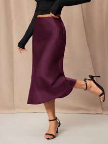 SHEIN PETITE Black High Waist Solid Color Skirt With Satin Texture Suitable For Dance And Daily Wear - Purple - View 5