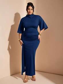 SHEIN BAE Plus Size Elegant Solid Color Cinched Waist Short Sleeve Dress, Summer - Navy Blue - View 4