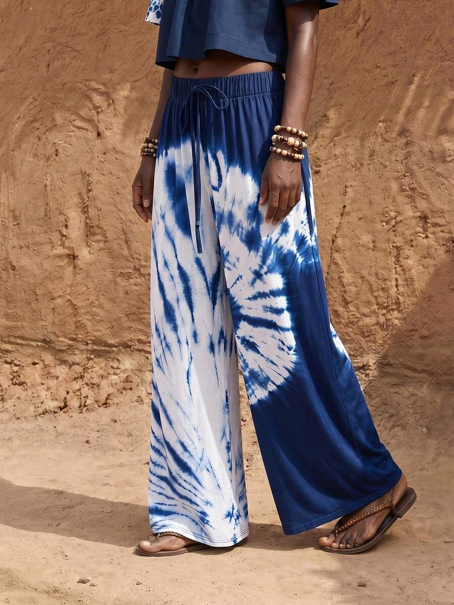 Quần nữ thắt eo in họa tiết batik - Xanh và trắng - Xem 1