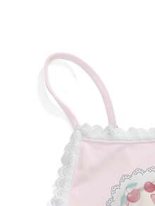 ROMWE Kawaii Bộ đồ ngủ gồm áo hai dây ren và quần short xếp ly in hình thỏ, bướm và hoa dễ thương và duyên dáng, thích hợp mặc ở nhà. - Hồng - Xem 7