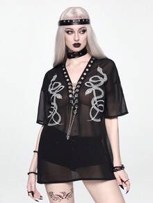 ROMWE Goth 哥特式蛇皮印花金属链系带衬衫罩衫 - 黑色 - 查看 5