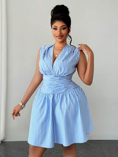 Maweii Đầm công sở cỡ lớn, xếp ly, không tay, cổ chữ V kẻ sọc cổ điển.