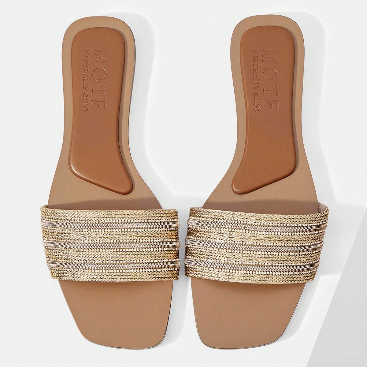 Sandalias planas de tacón abierto, tejidas, de moda casual y para viajes, para damas, color champán