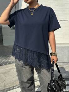 Muchica 海军蓝加大码女式圆领短袖蕾丝下摆T恤 - 藏蓝色 - 查看 1
