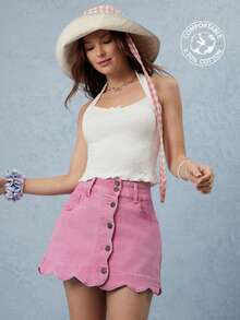 Scalloped Button Front Mini Pink Denim Skirt Spring, Summer, Vacation, Beach, Nashville, Boho, Casual, Cute, Western Wear For Women - Pink - View 1