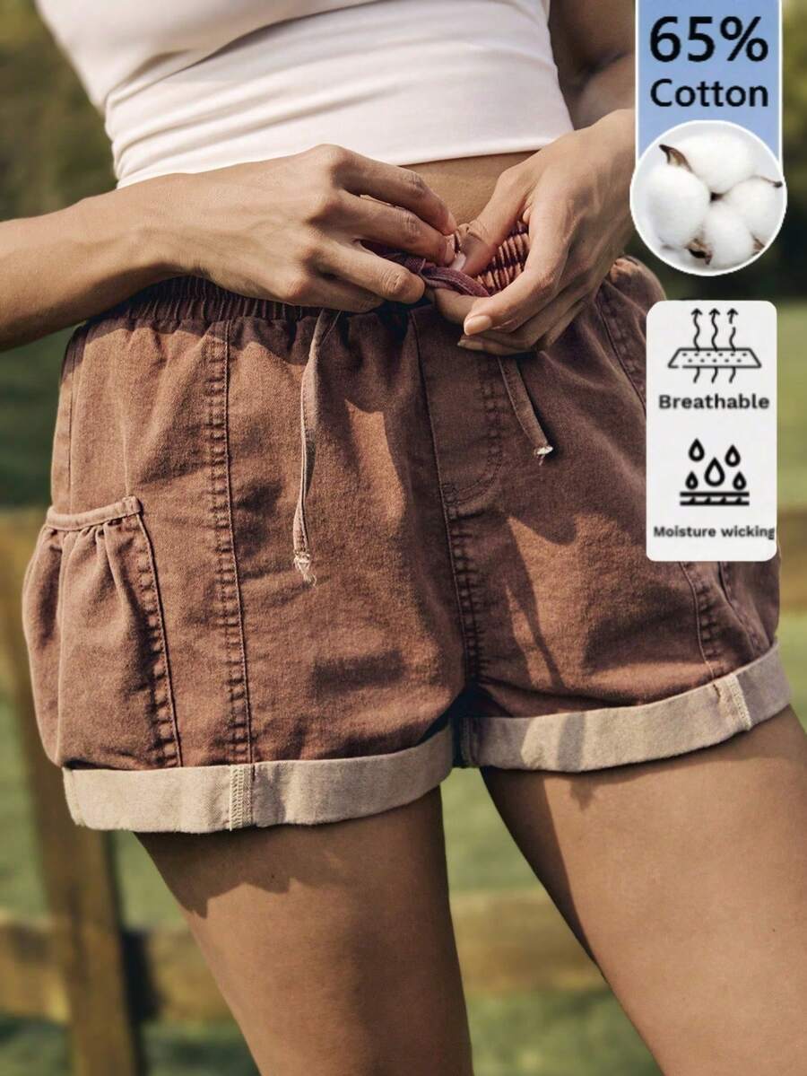 WanderVale Quần short nữ màu trơn có dây rút, túi và gấu quần xắn lên, kiểu dáng thường ngày. - Màu đỏ san hô - Xem 1