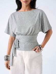 LYSMO Women's Casual Solid Color Bat Sleeve Pleated Twist Fitted T-Shirt, Summer,Summer Top - Dark Grey - View 4