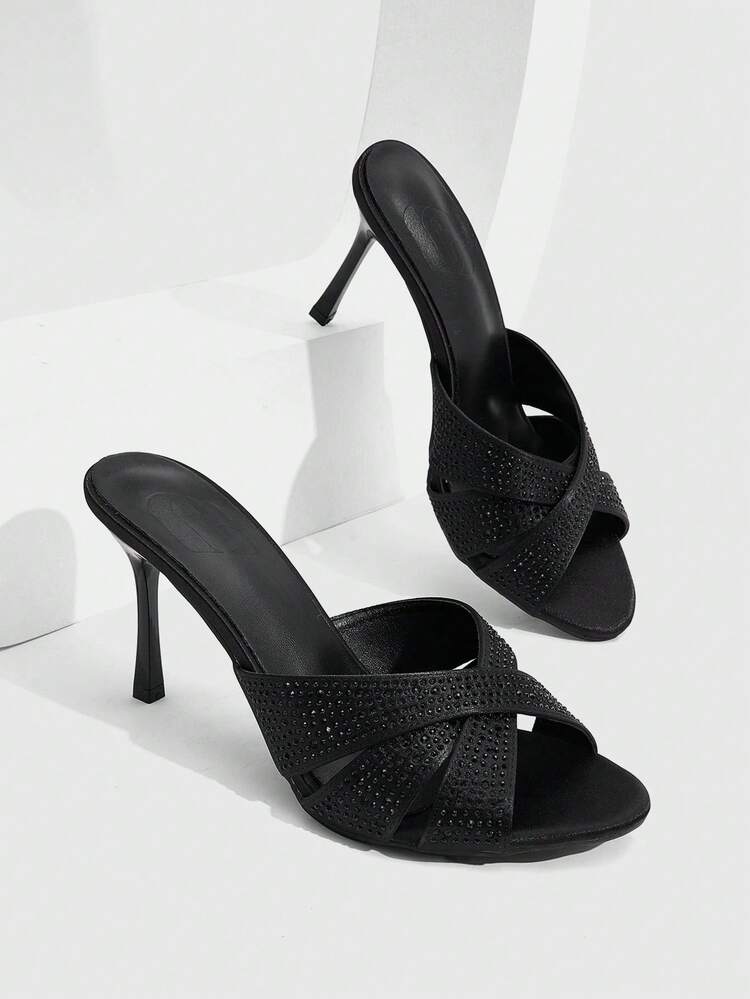 CUCCOO SZL Women's Fashion Round Toe Satin Rhinestones Sparkling Evening Wear Wedding Lightweight Daily Commute Party Style Outdoor Slip-On Stiletto High Heels Sandals