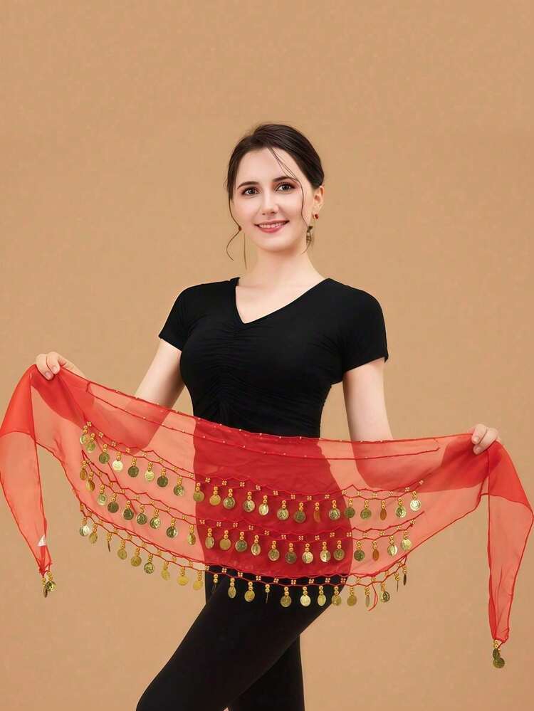 Foulard per danza del ventre, cintura da avvolgere con monete dorate in chiffon, per danza del ventre, bianco, Taglia Unica