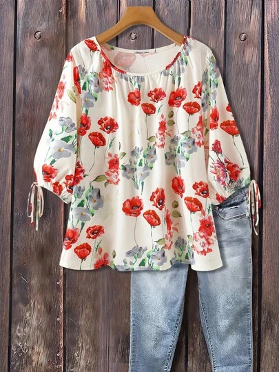 Linhara Camiseta casual de cuello redondo con estampado floral para mujer de talla grande