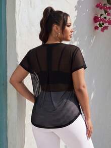 EMERY ROSE CURVE Áo thun thể thao lưới họa tiết chữ Plus không có áo ngực dành cho nữ tập gym - màu đen - Xem 2