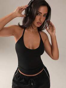 SHEIN BAE Mono de unicolor con escote halter y espalda descubierta - Negro - Ver 2
