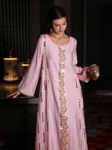 Layrah Vestido de manga larga con cuello redondo, bordado y con cuentas, acampanado, para primavera/verano - Rosa - Ver 5