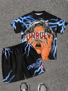 SHEIN 2pcs/Set Teen Boy Casual Black Cartoon + Lightning Pattern Short Sleeve T-Shirt And Shorts Set, Street Punk Rock School Style Outfit For Daily, Party, Music Festival, Spring/Summer - Black - View 5