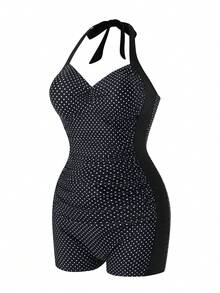 Swim Vcay Neck-Tie Polka Dot Print & Solid Color Splice One-Piece Swimsuit For Women - Multicolor - View 7