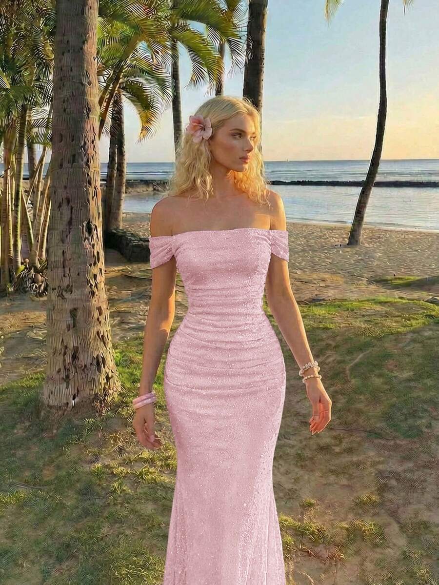SHEIN MOD Women's Elegant Romantic Solid Color Off-Shoulder Fishtail Dress Summer Wedding Dinner Baby Pink - Pink - View 1