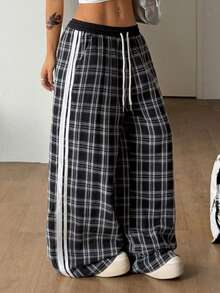 SHEIN Coolane Plaid Print Drawstring Waist Slant Pocket Casual Wide Leg Pants - Black - View 5