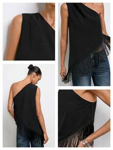 Maija Zanzea Women's Black Summer Party Night Out Top Casual Elegant Mama Mia Loose Fringe Hem Sleeveless Western Style Top, Country Concert - Black - View 4