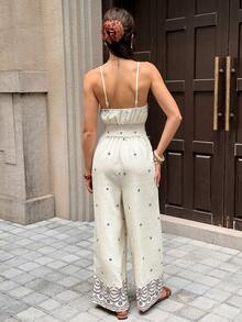 SHEIN Frenchy 女士夏季休闲沙滩度假风流苏装饰撞色蕾丝无袖阔腿连体裤 - 杏色 - 查看 2
