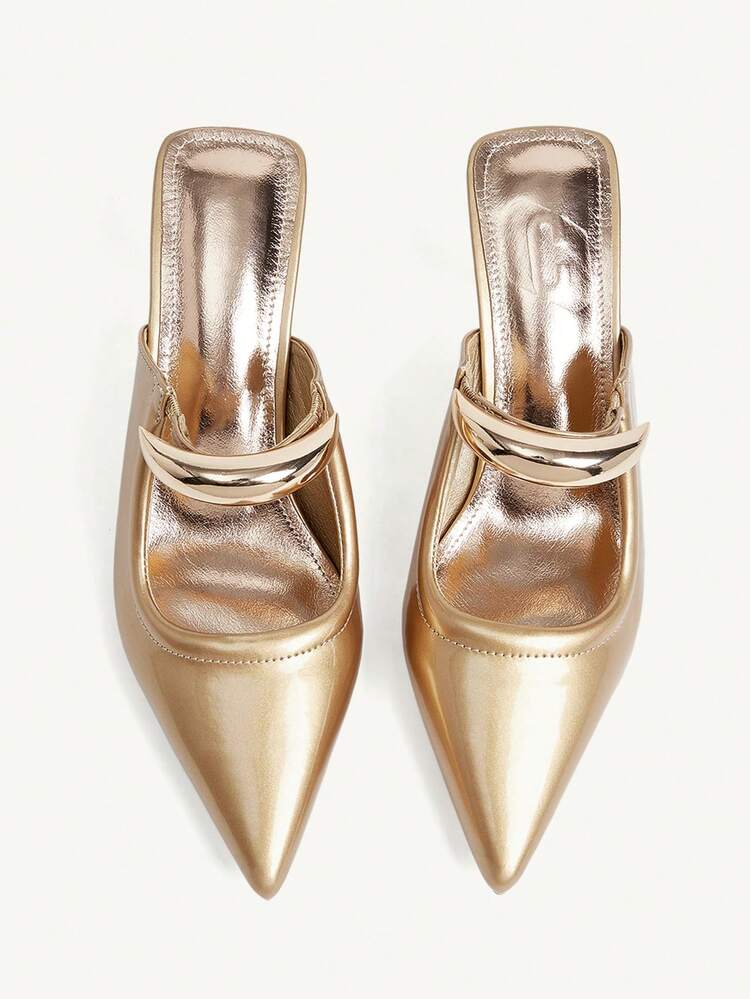 CUCCOO CHICEST Women's Elegant Gold Crescent Moon Decor Pointed Toe Stiletto Heel Pumps, Suitable For Work, Formal Occasions, Office Outfit, Mule Shoes, White PU Spring Break Easter For Christmas