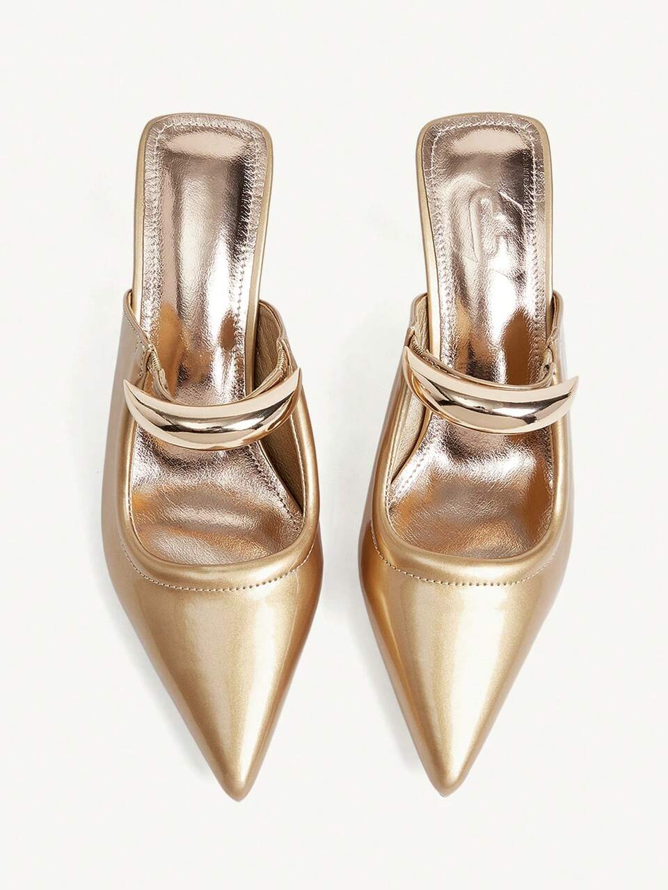 CUCCOO CHICEST Women's Elegant Gold Crescent Moon Decor Pointed Toe Stiletto Heel Pumps, Suitable For Work, Formal Occasions, Office Outfit, Mule Shoes, White PU Spring Break Easter For Christmas