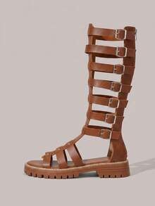Styleloop Women's Shoes Spring And Summer New Women's Wedge Heel Platform Sandals, Metal Buckle Rivet Inlay Decoration, Tall Cool Boots, Gladiator Sandals, Rear Zipper Weaving, Roman Style Holiday Daily Wear Summer Shoes - Brown - View 7